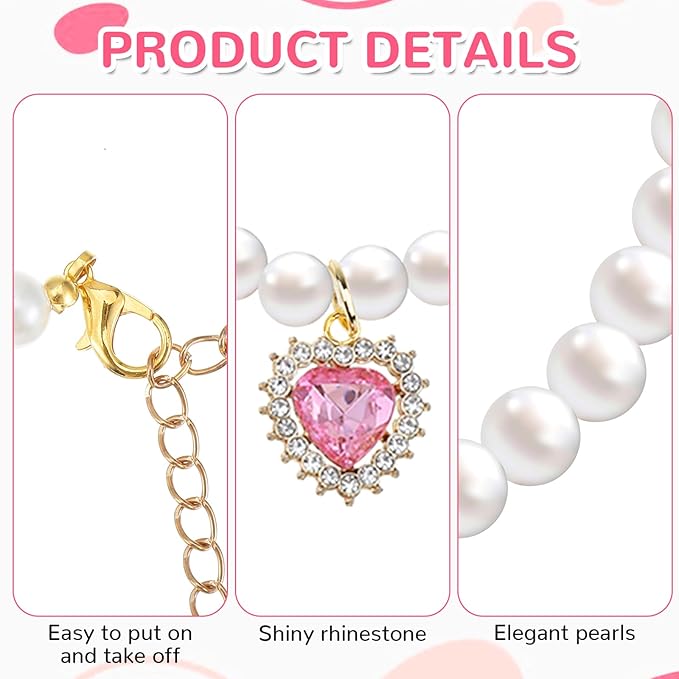 2PCS Kitten Collars Pearl Cat Dog Collar with Small Heart Shape Rhinestone, Cat Collars for Girl Cats, Adjustable Dog Pearl Necklace Collar for Small Dogs and Cats, Pink + Green