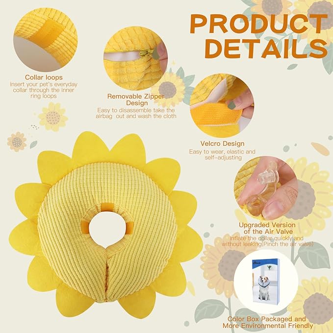 IEUUMLER Inflatable Recovery Dog Collar, Protective Donut Cone, Adjustable Soft Collar for Dog and Cat After Surgery Prevent from Biting & Scratching EU002 - Sunflower L+