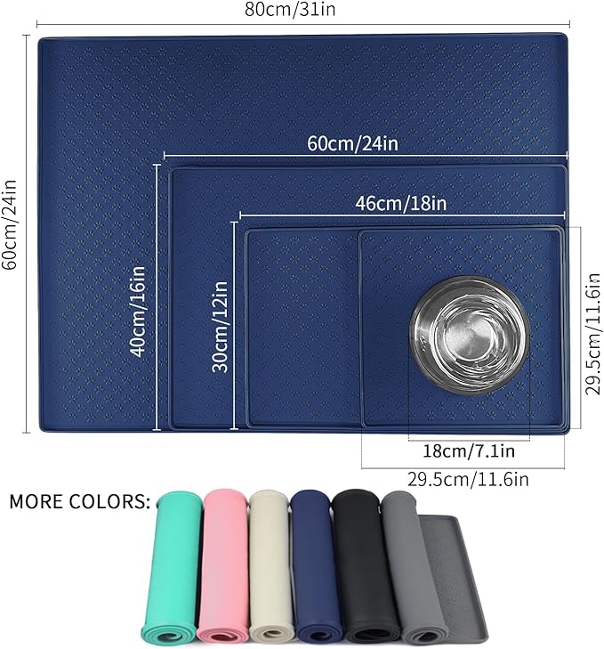 Ptlom Silicone Pet Placemat for Dog and Cat, Waterproof Non-Slip Pet Feeding Bowl Mats for Food and Water, Small Medium Large Tray Mat Prevent Residues from Spilling to Floor, Navy Blue, 18" 12"