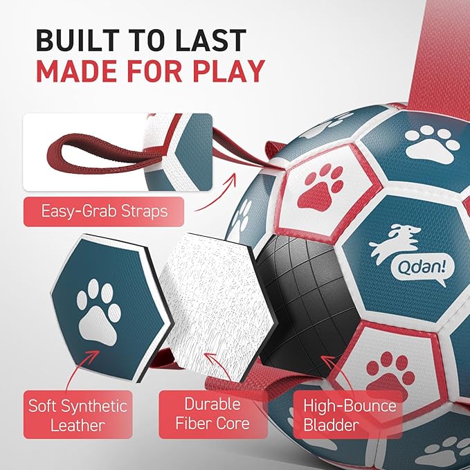QDAN Dog Toys Soccer Ball with Straps, Durable Giant Dog Balls, Outdoor Dogs Toys, Herding Ball, Birthday Gifts (10 Inch)