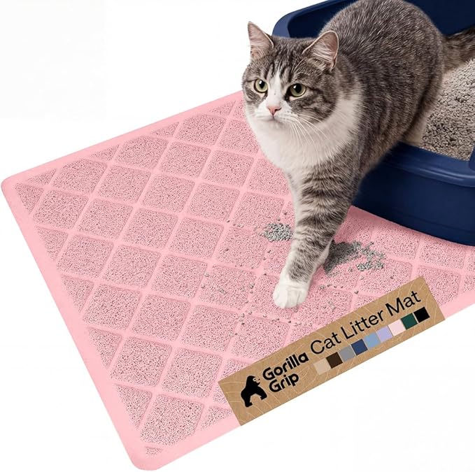 GORILLA GRIP Cat Litter Box Mat, Water Resistant, US Designed Kitty Litter Trapping Mats, Easy to Clean, Scatter Control, Less Mess and Clean Floors, Kitten Supplies for Indoor Cats, 24x17 Light Pink