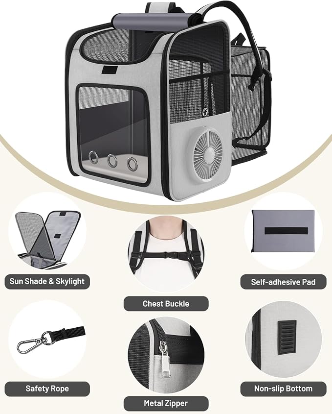 Cat Backpack Carrier with Built-in Cooling Fan & Heating Pad, Expandable Pet Backpack for Cats and Small Dogs up to 16 lbs, Ventilated Travel Carrier for Hiking, Walking & Outdoor, Grey