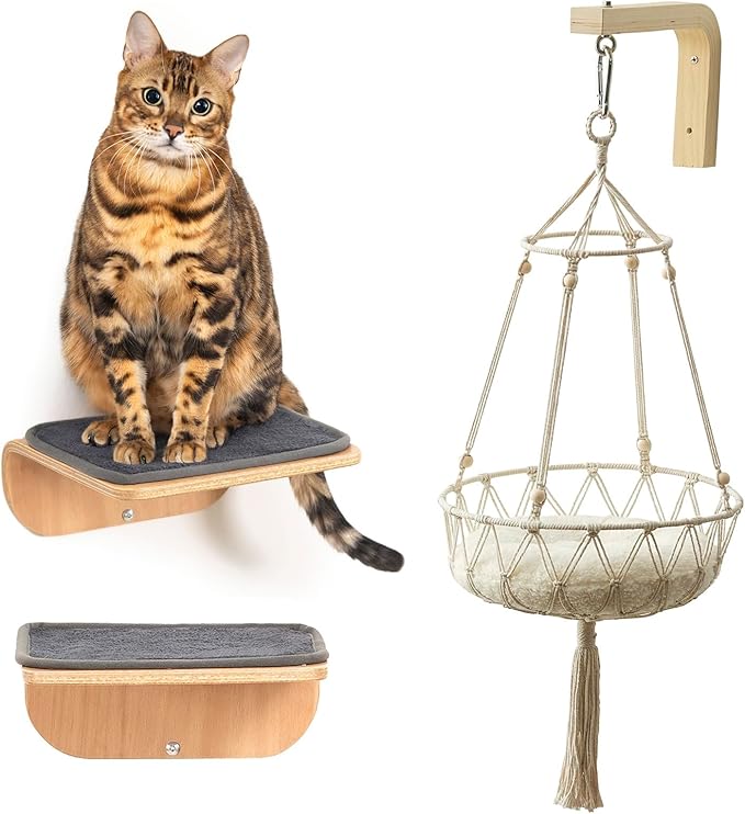 Cat Wall Shelves for Cat Wall Steps, Perch, Ladder, Wooden Floating Modern Mounted Space Saving Furniture with Scratching Cushion Removal Cover for Climbing, Jumping and Sleeping(Steps & Hammock)