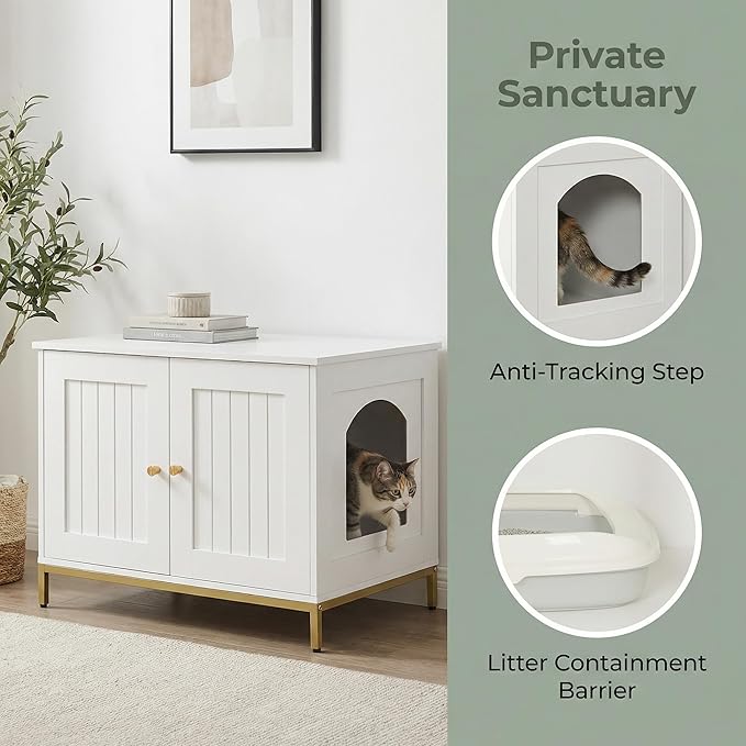 Homhedy Cat Litter Box Enclosure, Cat Washroom Furniture with Metal Frame, Pet House, Fit Most of Litter Box, Modern Style, White and Gold