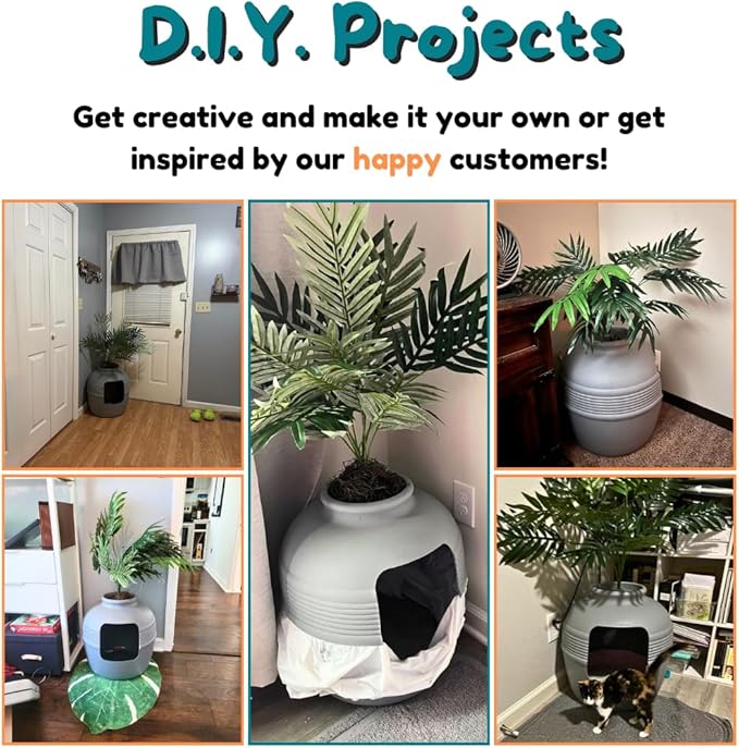 Good Pet Stuff Hidden Litter Box Planter, Decorative Cat Litter Enclosure with Carbon Filter, Artificial Plant, Easy Clean, Removable Liner, Round Style, Essentials Kit, Pebble Gray