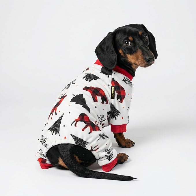 Fitwarm Reindeer Dog Christmas Pajamas, Winter Doggy Clothes for Small Dogs Boy Girl, Fleece Dog Onesie with Feet, Holiday Pet Outfit, Black, White, Red, Small