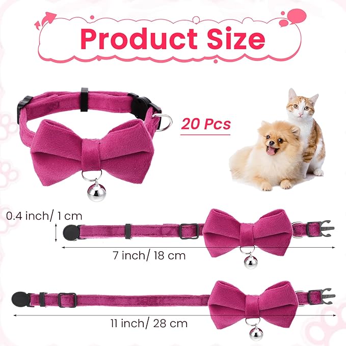 20 Pcs Cat Bowtie Collars with Bell, Solid Colors Kitten Bow Breakaway Cat Bowtie for Boys Girls, Adjustable Pet Collar with Safety Buckle Kitten Puppy Pet Accessories