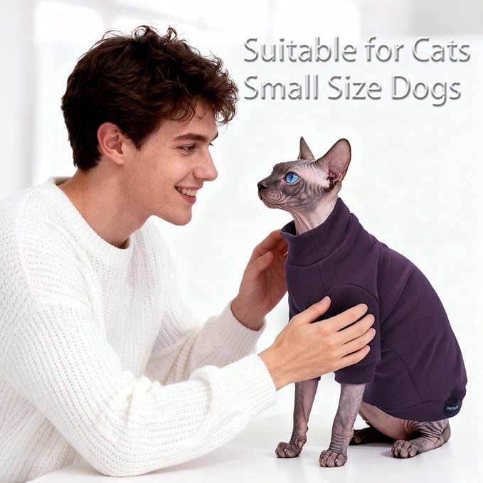 Fleece Sphynx Cat Clothes Soft Hairless Cat Clothes Pullover Cat Sweater for Chihuahua All Season Light and Warm Kitten Cloth Only Puppy Clothes Small Dog Sweater (Dark Purple, M)