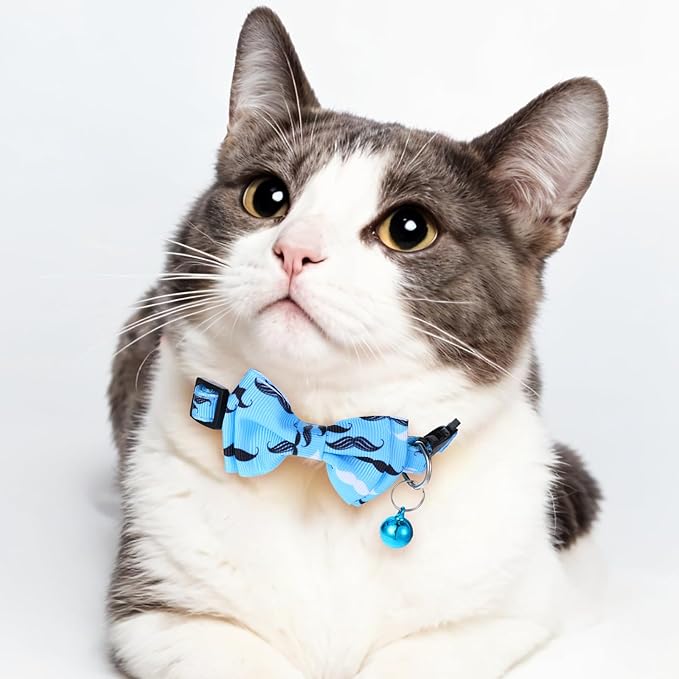 2 Pack Kitten Collar with Bell Breakaway Cat Collars with Removable Bow Tie Safety Buckle Kitten Collars 7.8-12 Inch Adjustable Pet Collar for Boy Cats (Blue)