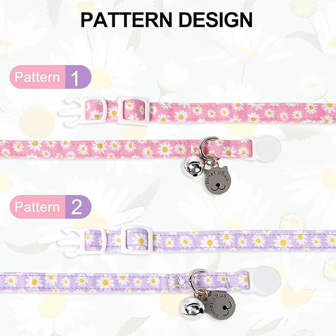 Lionet Paws 2pcs Pack Cotton Cat Collar,Breakaway Buckle with Daisy Pattern and Brand Pendant Cute Adjustable Cat Kitten Collar,Ideal for Girl Cats Boy Cats