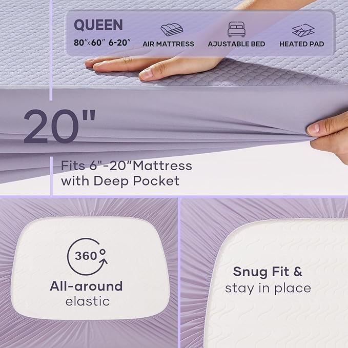 OhGeni 100% Waterproof Mattress Protector,Queen Size Mattress Soft Pad,Pet Hair & Bedwetting Resistant,Cooling Breathable Fitted Sheets,Washable Bed Cover,Non-Slip Deep Pocket,Noiseless,Purple