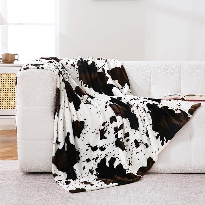 Bnuitland Cow Printed Fleece Flannel Throw Blanket, 300 GSM Double Sided Fuzzy Fluffy Blanket for Bed Sofa Couch Travel, Super Soft Lightweight for Adults and Kids, 60×80 inch
