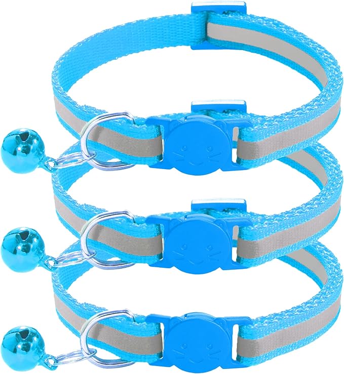 3 Pack Reflective and Breakaway Cat Collars with Bells，Adjustable Kitten Collars from 7.5 to 12.5 Inches, Ideal of Kitten Collar, Suitable for Girls and Boys (Sky Blue)