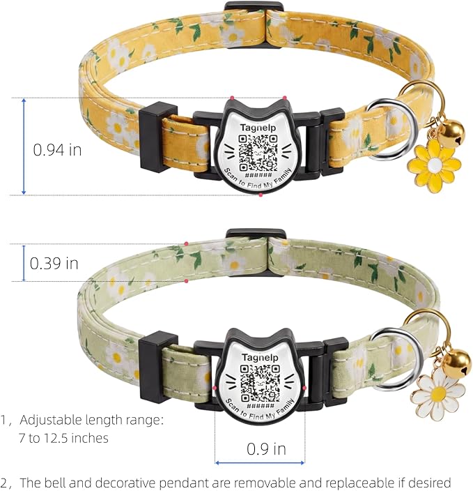 Breakaway Cat Collar with QR Code ID Tag, Adjustable Cotton Kitten Collar with Bell, Scan to Find My Family Personalized Pet Info, Cute Flower Design for Indoor Outdoor Cats,Flower Pendant(Yellow)