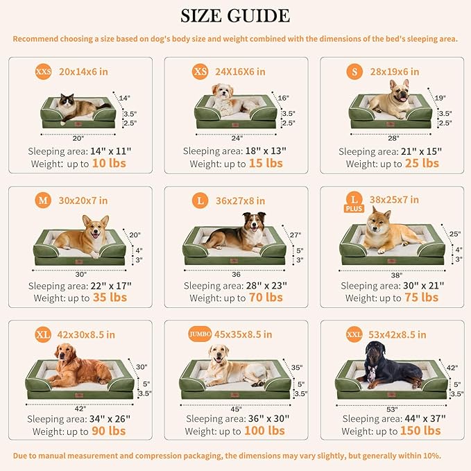 Comfort Expression Orthopedic Dog Bed for Extra Large Dogs 45x35 Inch, Waterproof Egg Crate Foam XL Pet Bed with Removable Bolsters, Dog Couch with Washable Cover & Non-Slip Bottom, Light Green