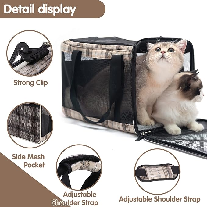 EXPAWLORER Large Cat Carrier Dog Carriers Soft for Small Medium Cats Puppies Up to 20lbs, Airline Approved Pet Carrier Soft-Sided Collapsible Pet Travel Carrier Fit 2 Kitties (Brown)