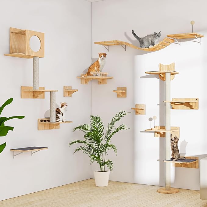 Wall Mounted Cat Tree 47” Tall, Cat Activity Tree Tower Set: Scratching Post, Climbing Step and Interior Bed Area, Wooden Handcrafed Cats Wall Shelves for Sleeping Playing Lounging Perching