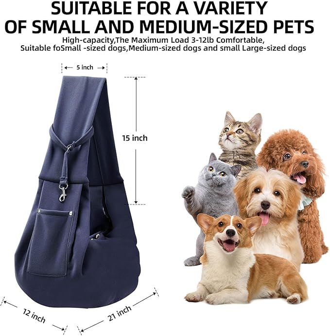 Dog Carrier Sling - Reversible Puppy Carrier Purse with Storage Pocket, Hand-Free Dog Sling Carrier for Carry Small Dogs and Cats, Travel Safety Harness, Dog and Cat Harness (Dark Blue)