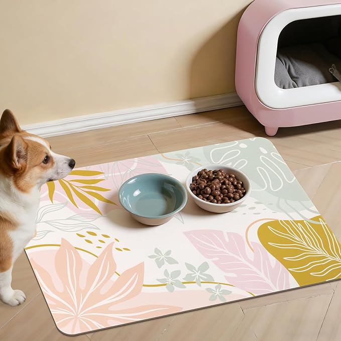 Topotdor Boho Dog Food Mat - Absorbent Quick-Dry Cat Bowl Mat for Food and Water, Non-Slip Pet Feeding Placemat for Messy Drinkers Dog Accessories Pet Supplies, 16"x24", Pink