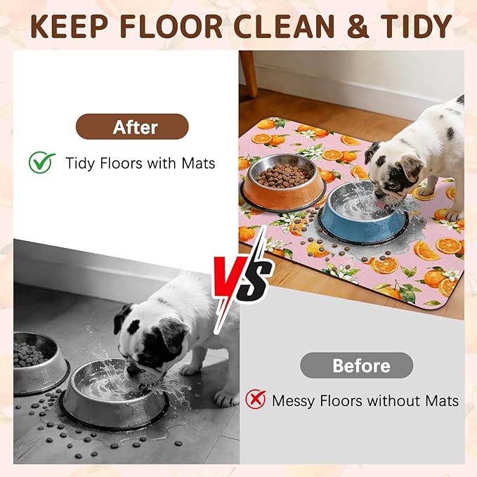 Dog Food Mat for Bowls, Absorbent Quick Dry Dog Cat Mats for Food and Water, Non-Slip Backing Pet Mat Pet Supplies - Orange Pattern