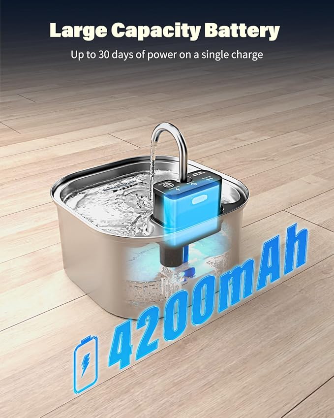 Wireless Cat Water Fountain Stainless Steel with 4 Filters & 4 Sponges, 3.2L/108oz Battery Operated Pet Fountain, Cordless Pet Water Dispenser for Cats and Dogs