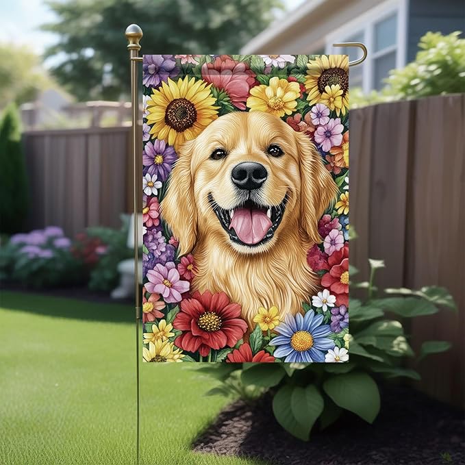 Golden Retriever Garden Flag 12x18 Inch Dog with Colorful Flowers Outdoor Banner Cute Pet Yard Decor Spring Summer Double Sided Welcome Flag for Lawn House Decoration Dog Lovers Gift