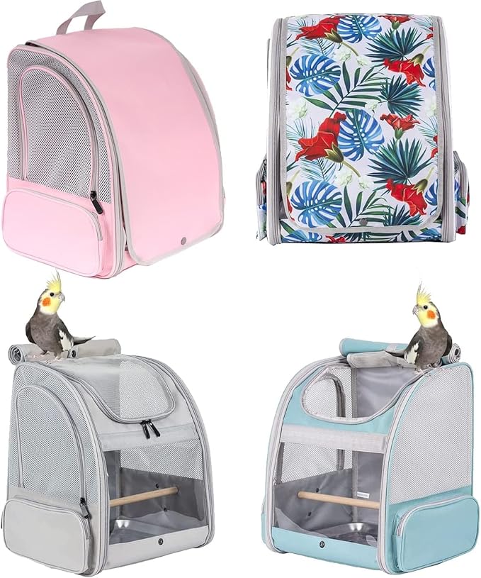 Bird Carrier Backpack with Wooden Stand Perch, Vented and Breathable Bag to Carry Parakeet Cockatiel Conure Parrot (Pink, Bird Backpack)