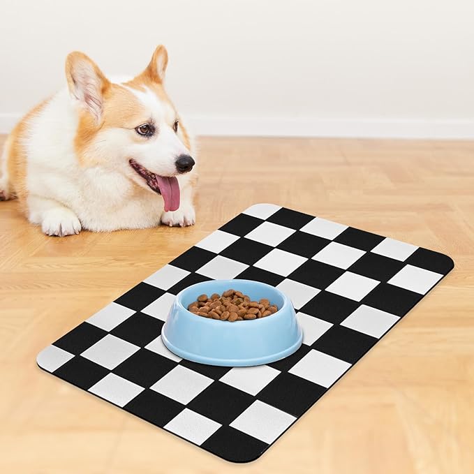 Checkered Dog Food mat, Non-Slip Sole Absorbent Dog and Water Bowl mat, Stain Free Quick Drying Checkerboard pet placemat, Suitable for cat、Puppy Accessories 12"x19" (Black)