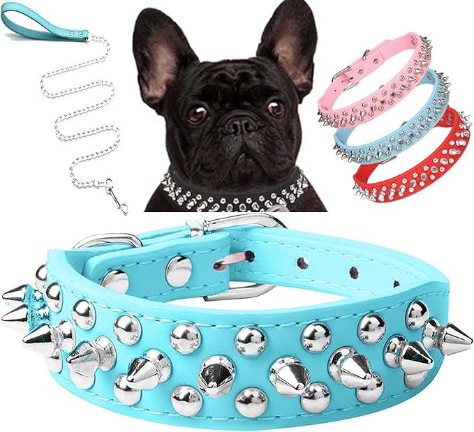 Spiked Dog Collar Soft Pu Leather Mushrooms Rivet Spike Studded Puppy Adjustable Pet Collars for Small Breeds (M, Light Blue Set)