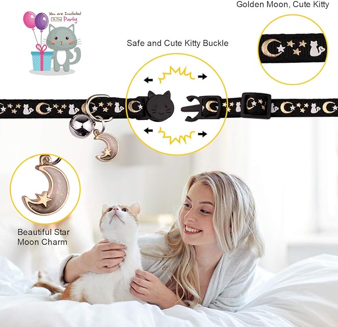 Baeuppit 2PCS Breakaway Cat Collars with Bell Moons Stars Cute Kitty Adjustable Safe Kitten Collars with Pendant Glow in The Dark(Black&Pink)