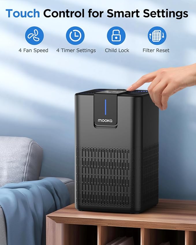 Air Purifiers for Home Large Room 1250 Ft²,MOOKA H13 HEPA Air Purifier for Pets Dust Odor Smoke,Aromatherapy Function,Air Cleaner with 15dB Quiet Sleep Mode for Bedroom Office Living Room,M05,Black