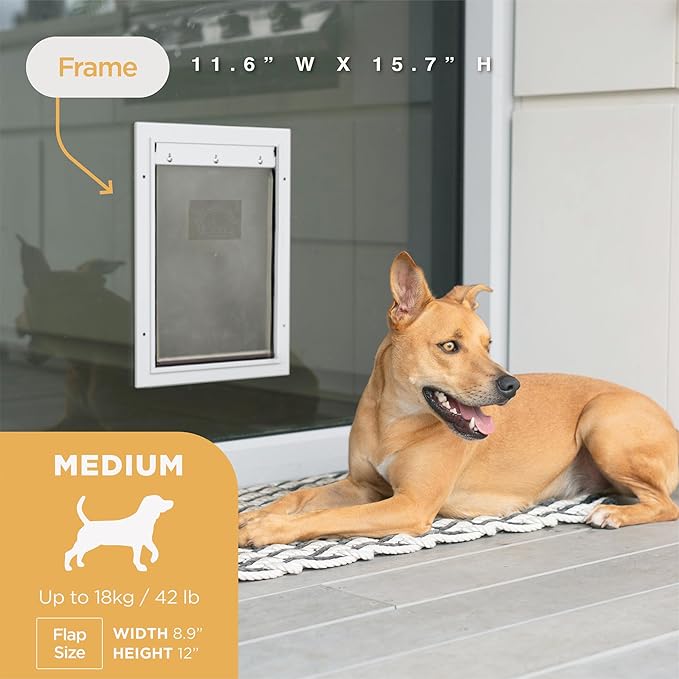 Hakuna Pets Deluxe Aluminum Pet, Cat and Dog Door with 2-Way Locking Panel for Screens, Doors and Walls up to 2.8" Thick, Medium, White