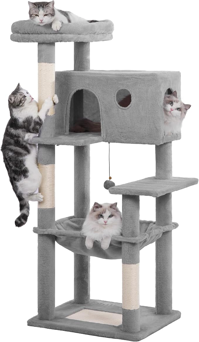 54" Cat Tree with Big Hammock 21x17” XL Cat Tower with Scratching Posts Featuring Large Top Bed, Scratcher Pad, Spacious Condo House and Detectable Ball for Indoor Cats-Large Gray