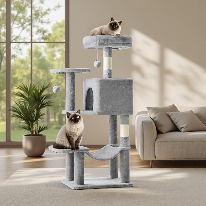 Cat Tree Tower 44 Inch, Small Cat Tower with Condo, Hammock, Sisal Scratching Posts, Extended Perch, Pet Play House for Indoor Kittens and Cats, Light Grey