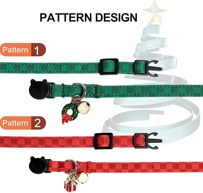 Lionet Paws 2pcs Pack Christmas Cat Collarr,Christmas Red Plaid & Green Plaid Cat Kitten Collars with Breakaway Buckle,Ideal for Boy Cats