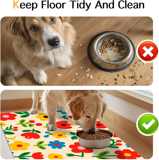 Pet Feeding Mat 24x16 inch Colorful Flower Print Pet Bowl Placemat Non Slip Floor Mat for Food and Water Indoor Pet Feeding Station Cute Meal Pad for Small Cats and Dogs Kitchen Use