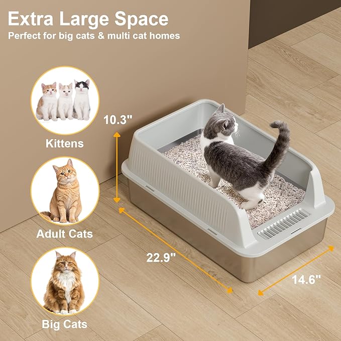 TENTIZON Large Stainless Steel Cat Litter Box, Open Top Metal Kitty Litter Tray with High Sides, Litter Mat, Scoop for Indoor Cats, Kitten,Big Cats, No Odor, No Mess, Leak Proof, Easy Clean