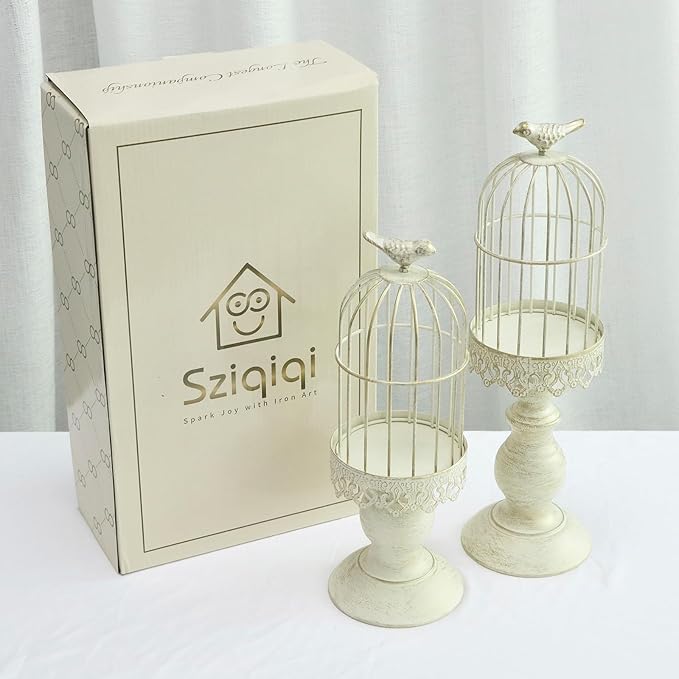 Birdcage Candle Holder Decorative Bird Cages for Weddings Vintage Candlestick Holders Wedding Candle Centerpieces for Tables Iron Candleholder Set Home Decor Distressed Ivory