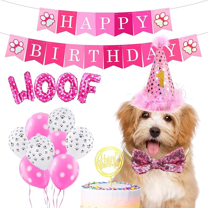 AROIC Dog Birthday Bandana Set, Pet Party Decorations Kit with 2 Bandanas, Fun Pet Birthday Party Decorations for Small Medium Dogs Pets, Cute Puppy Celebration Outfit with Hat, Bow Tie & Balloons