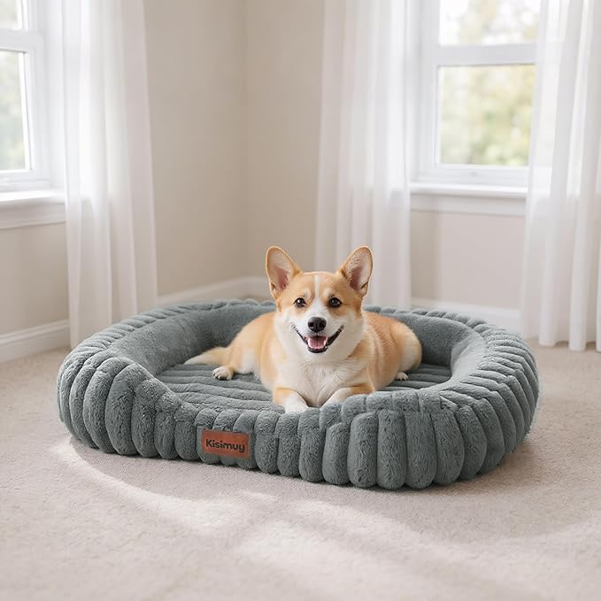 Cute Dog Bed for Medium Dogs, Orthopedic Rectangle Dog Bed with Washable Furry Cover and Anti-Slip Bottom, Soft Calming Puppy Bed with Handle, 30" x 24" x 5", Grey, L