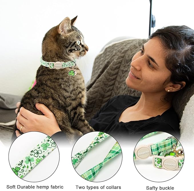 2 Pack St. Patrick's Day Cat Collars, DOGWONG Spring Green Shamrock Cat Collars with Safety Buckle for Cats