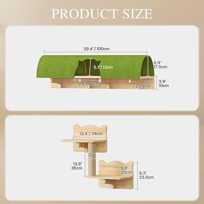 7-in-1 Cat Wall Shelves and Perches, Floating Cat Shelves Set, Solid Wood Wall Cat Furniture(Set of 7), Cats Climbing Shelves with Bed, Steps, Scratching Post and Tunnel