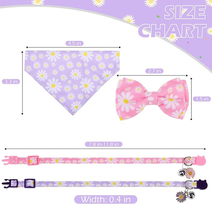 EXPAWLORER Cute Cat Collar Breakaway with Bells - 2 Pack Adjustable Floral Pet Collar with Removable Bow Tie and Bandana, Safety Buckle for Girl Boy Cats Kitten, Pink Purple Daisy