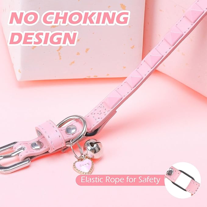 EXPAWLORER Halloween Leather Cat Collar - Adjustable Pet Collar with Rivet Spike for Girl Boy Cats, Punk Accessories with Bell & Durable D-Ring,Pink Square Nails