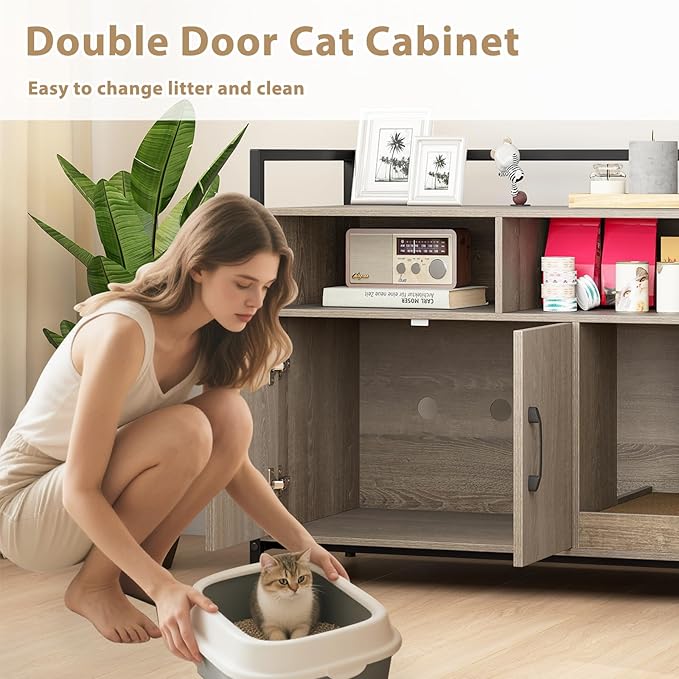 Giantex Cat Litter Box Enclosure - Cat Washroom Hidden Furniture with Front Entry, Scratcher, 2-Door Storage Cabinet, 2 Compartments, Air Vents, Metal Frame, Wooden Pet Crate House (Oak Gray)