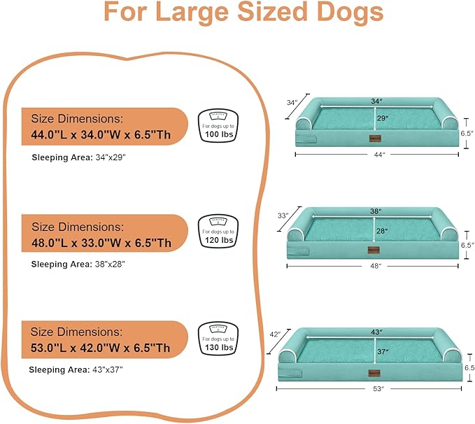 Large Dog Bed Orthopedic Washable: Beds Bolster XXL Bed Big XLarge Dogs Egg Crate Foam Sofa Couch Waterproof Removable Cover - Aqua Blue