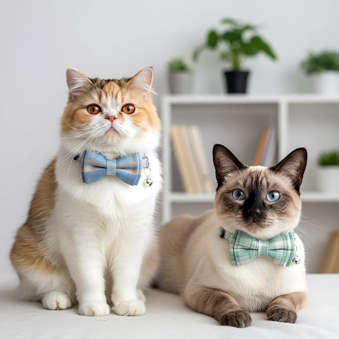 3pcs Bow Tie Cat Collar with Bells, Breakaway Bowtie Plaid Cat Collar, Soft Adjustable Bow Cats Collars for Kitten Puppy and Small Pets