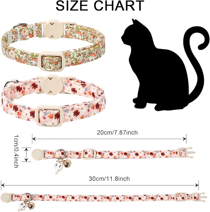 Cat Collar,2 Pack Cute Cat Collars Breakaway with Bell- Safety Buckle Flower Daisy Orange Cat Collar for Girl Cats and Small Dogs，Adjustable 7-12 Inch,Pet Supplies Accessories