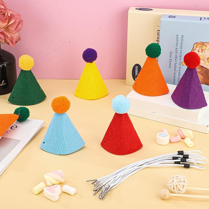 12 PCS Mini Party Hats for Stuffed Animals Birthday Felt Cone Hat with Pompom Adjustable Pets Birthday Party Hats for Assorted Animal Dog Cat Rabbit Puppies Costume Accessories Decor