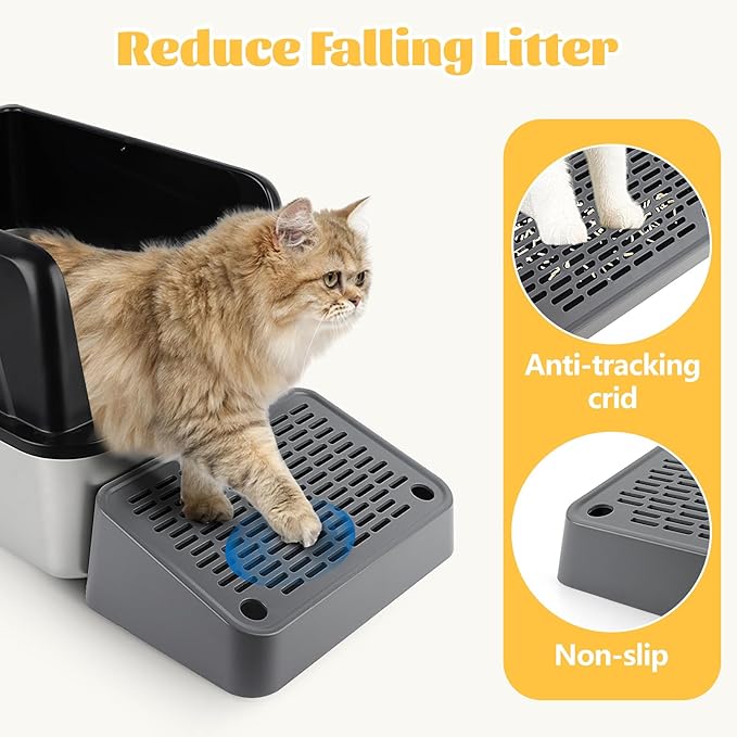 Litter Box Step, Cat Step/Ramp/Catcher with Filter Function, Easy to Clean, Ideal for Kitten & Elderly Cats (Dark Grey)